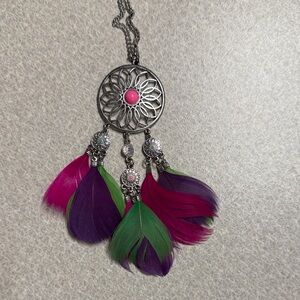 Silver Dreamcatcher Necklace with Pink, Purple and Green Feathers